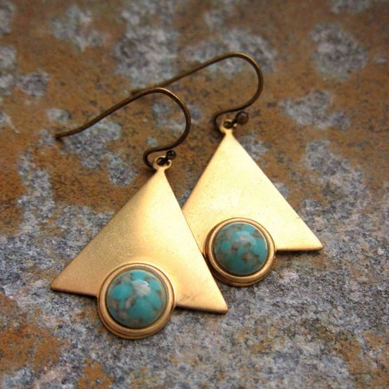 Golden Triangle Earrings with Vintage Turquoise Stones
