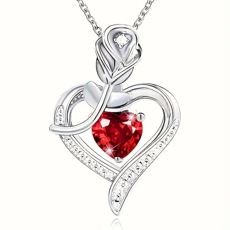 Silver Ruby Heart Pendant Necklace