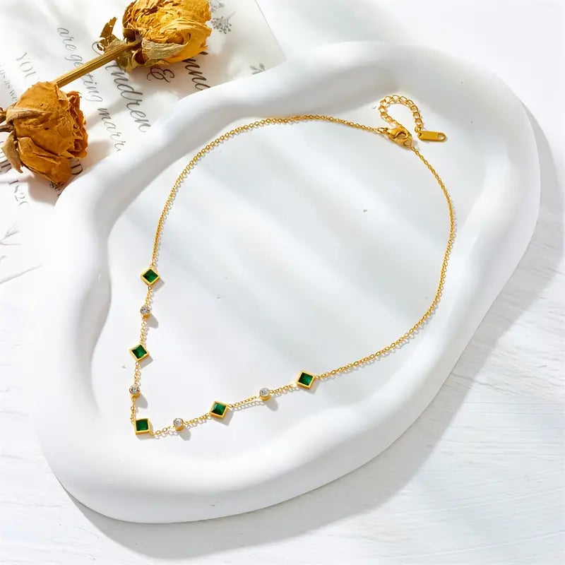 Gold Emerald Geometric Station Necklace