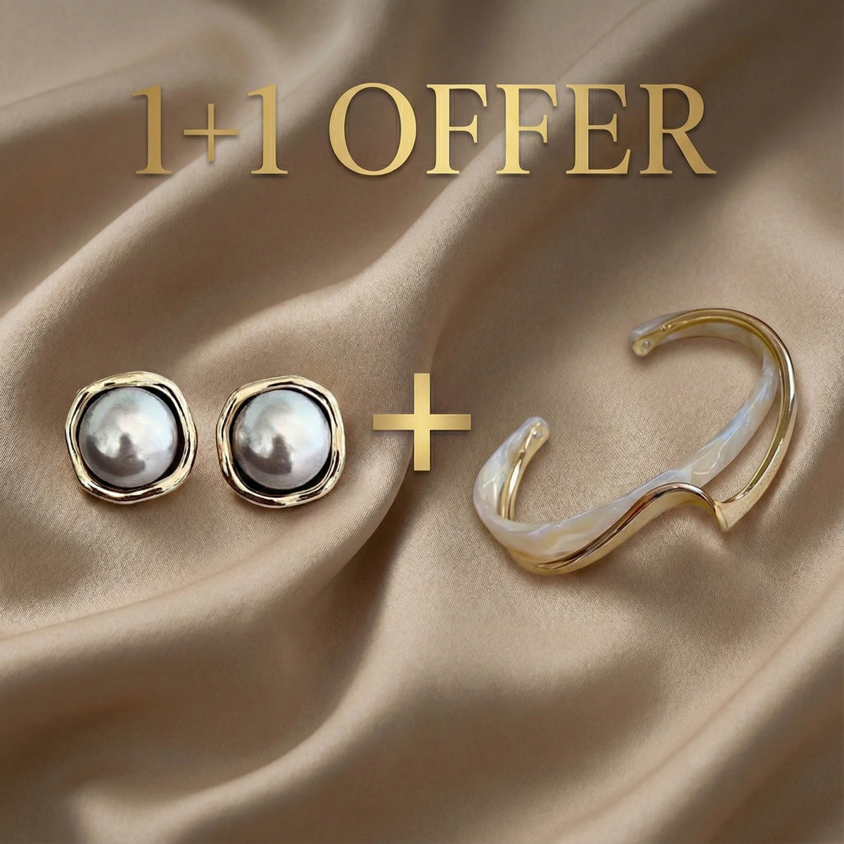 1+1 Offer: White opal elegant golden bracelet + Elegant black pearl earrings