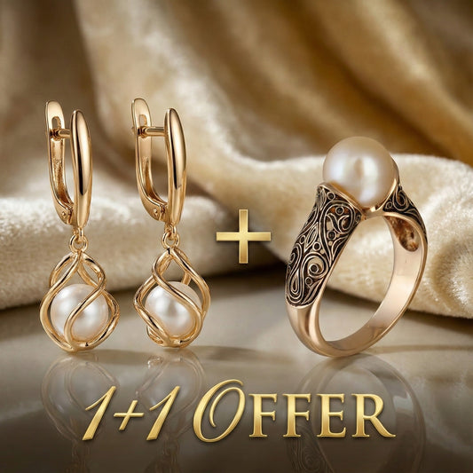 1+1 Offer: Elegant Gold Pearl Earrings + Vintage gold ring with a fancy pearl