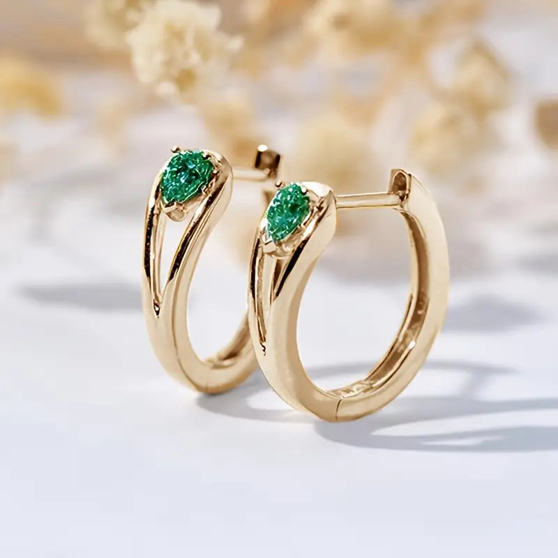 Gold Emerald Accent Hoop Earrings