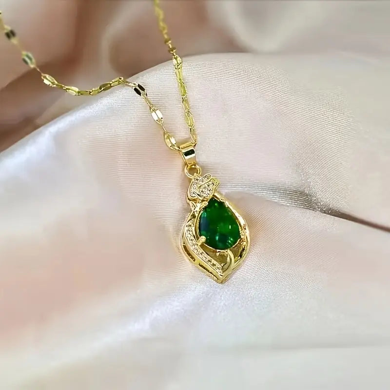 Gold Emerald Teardrop Pendant Necklace