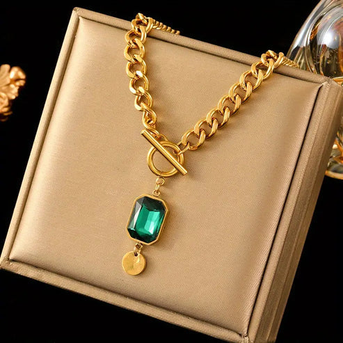 Chunky Chain Emerald Pendant Necklace