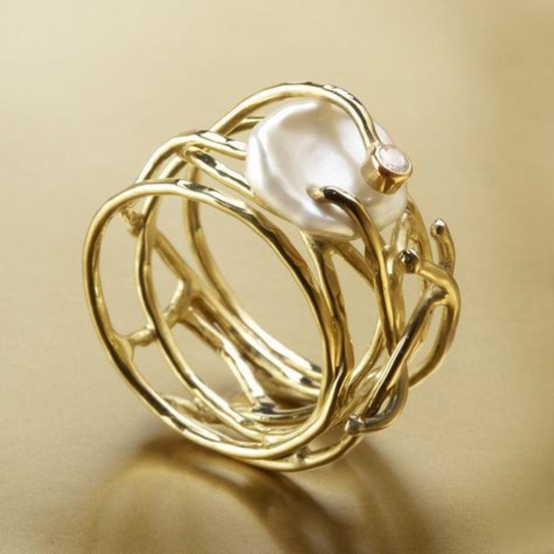 Thin Vintage-Style Gold and Pearl Ring