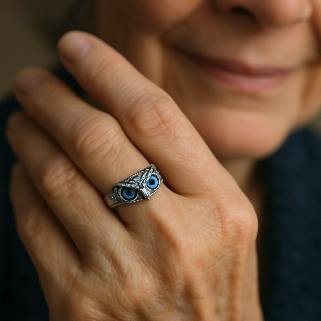 Owl of good luck adjustable ring in silver and opal