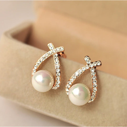 Gold Crisscross Pearl Stud Earrings