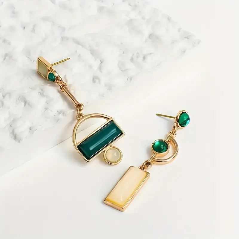 Gold Emerald Geometric Drop Earrings