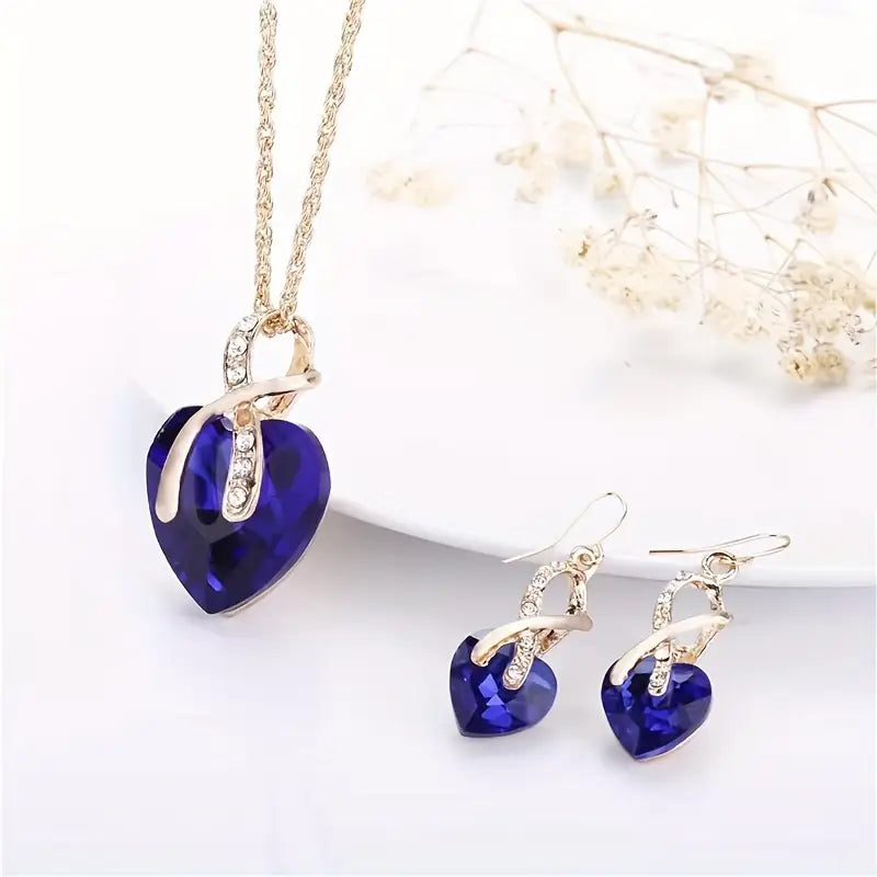 Gold Sapphire Heart Necklace and Earrings Set