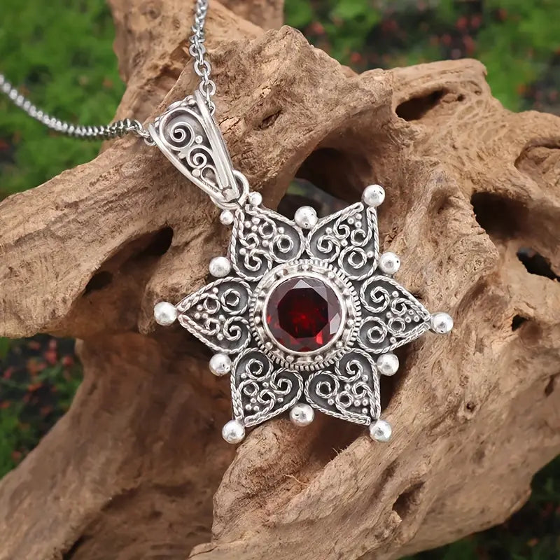 Silver Ruby Star Pendant Necklace