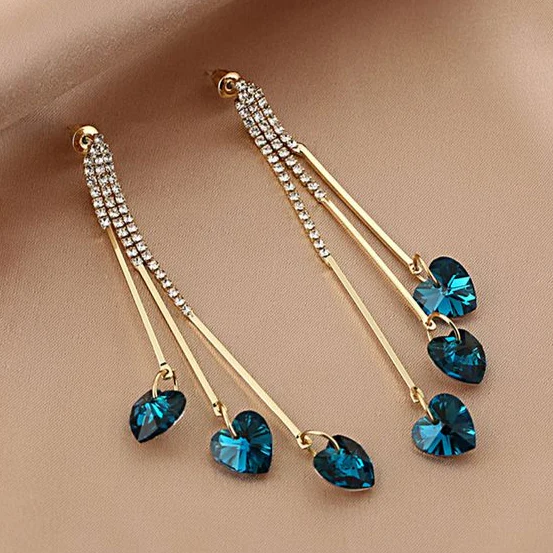 Blue Crystal Heart Elegant Rain Earrings